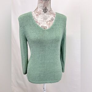 RENA ROWAN Moss green‎ open weave V neck sweater size S.